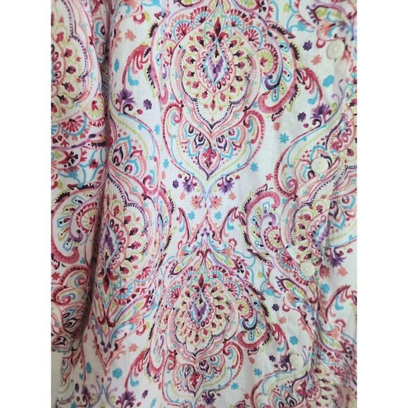 Chico's Beige w/Red Purple Pasley 100% Linen "No Iron" Button Up Blouse size 14 - Picture 3 of 7